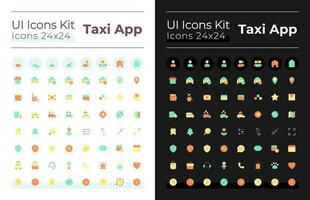 Taxi service flat color ui icons set for dark, light mode. Ordering car online. Urban transport. GUI, UX design for mobile app. Vector isolated RGB pictograms