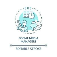 Social media managers turquoise concept icon. Digital marketing. Content plan. Schedule post. Community management abstract idea thin line illustration. Isolated outline drawing. Editable stroke vector