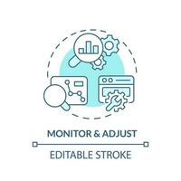 Monitor and adjust turquoise concept icon. Marketing analysis. Data analytics. Seo strategy. Track performance abstract idea thin line illustration. Isolated outline drawing. Editable stroke vector