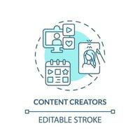 Content creators turquoise concept icon. Internet blog. Influencer marketing. Editorial calendar. Publish online abstract idea thin line illustration. Isolated outline drawing. Editable stroke vector