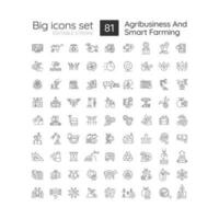 Agribusiness and smart farming linear icons set. Agriculture technologies. E-agriculture. Process automation. Customizable thin line symbols. Isolated vector outline illustrations. Editable stroke