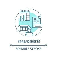 Spreadsheets turquoise concept icon. Project management. Business software. Editorial calendar. Tracking data abstract idea thin line illustration. Isolated outline drawing. Editable stroke vector