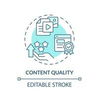 Content quality turquoise concept icon. Valuable information. Seo optimization. Schedule post. Social media plan abstract idea thin line illustration. Isolated outline drawing. Editable stroke vector