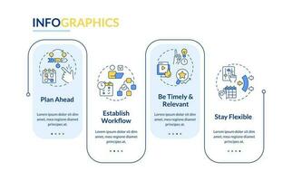 Social media calendar tips rectangle infographic template. Content plan. Data visualization with 4 steps. Editable timeline info chart. Workflow layout with line icons vector