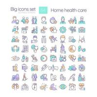 Home health care RGB color icons set. Medical services. Nursing and assistance for ill patients. Isolated vector illustrations. Simple filled line drawings collection. Editable stroke