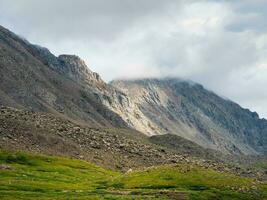 oscuro atmosférico brumoso montaña paisaje. líquenes en agudo piedras Roca campo en denso niebla en tierras altas. foto