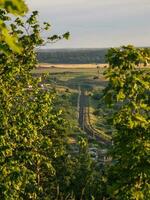 el ferrocarril enfermedad de buzo en el distancia. el ferrocarril tiene un suave atención de campo y bosque foto