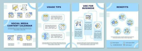 Social media content calendar blue brochure template. Plan ahead. Leaflet design with line icons. Editable 4 vector layouts for presentation, annual reports