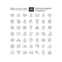 Startup support programs linear icons set. Financial support for business. Investments. Development strategy. Customizable thin line symbols. Isolated vector outline illustrations. Editable stroke