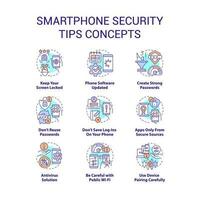 Smartphone security tips concept icons set. Phone protection. Prevent hacker attack idea thin line color illustrations. Isolated symbols. Editable stroke vector