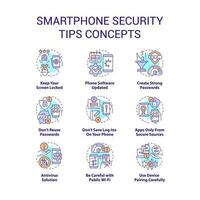 Smartphone security tips concept icons set. Phone protection. Prevent hacker attack idea thin line color illustrations. Isolated symbols. Editable stroke vector