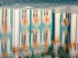 Minimalism with autumn leaf and reflection. Blurry building in the reflection. Bright colored autumn background. photo