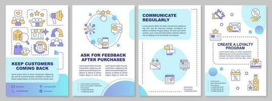 Keep customers return to shop brochure template. Leaflet design with linear icons. Editable 4 vector layouts for presentation, annual reports