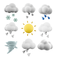 3d Rendern Schnee, Hagel, Regen, Sonne und Strahlen, Zyklon, Wolke Symbol Satz. 3d machen Wetter Konzept Symbol Satz. png
