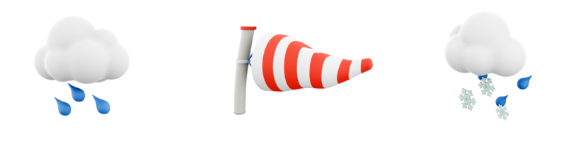 3d rendering windsock, rain and cloud, rain with snow icon set. 3d render weather concept icon set. png