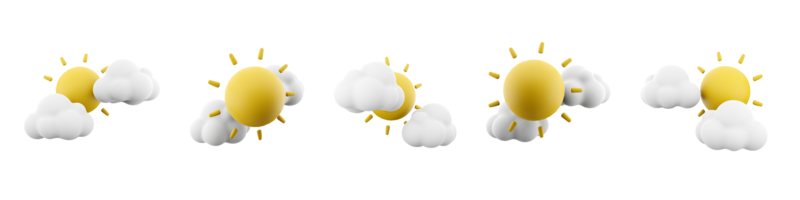 3d rendering two clouds and sun icon set. 3d render cloudscape concept of weather different positions icon set. png