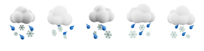 3d rendering snow with rain icon set. 3d render white cloud with raindrops and snowflakes different positions icon set. png