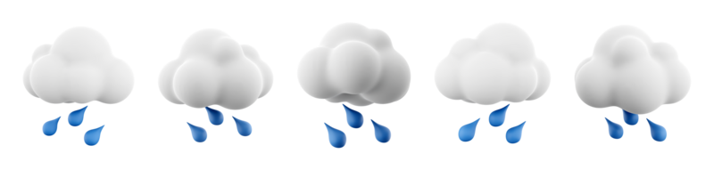 3d rendering Rain cloud with water drops icon set. 3d render White fluffy cumulus cloud with falling blue raindrops different positions icon set. png