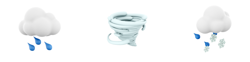 3d interpretazione piovere, tornado, pioggia con neve e nube icona impostare. 3d rendere tempo metereologico concetto icona impostare. png