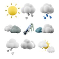 3d renderen zon, wees gegroet, regenen, zwart en wit wolken, bevroren thermometer, twee wolken en zon icoon set. 3d geven weer concept icoon set. png