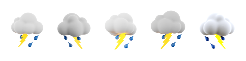 3d renderen regen en bliksem icoon set. 3d geven regenachtig weer met bliksem verschillend standen icoon set. png