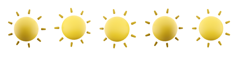 3d renring gul Sol med strålar ikon uppsättning. 3d framställa Sol stjärna annorlunda positioner ikon uppsättning. png