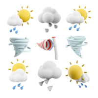 3d Rendern Sonne mit Regen und Wolke, Hagel, Zyklon, Windsack Symbol Satz. 3d machen Wetter Konzept Symbol Satz. png