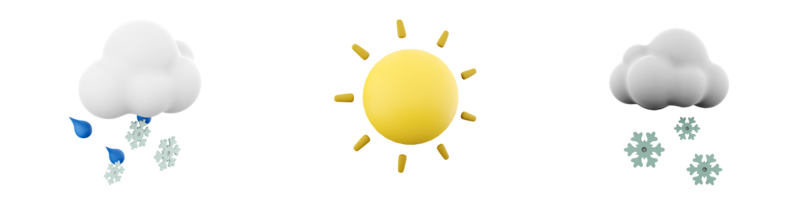 3d tolkning snö och regn med moln, Sol med strålar ikon uppsättning. 3d framställa väder begrepp ikon uppsättning. png