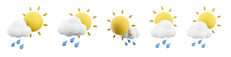 3d tolkning regndroppar med Sol och moln ikon uppsättning. 3d framställa regn i solig väder annorlunda positioner ikon uppsättning. png