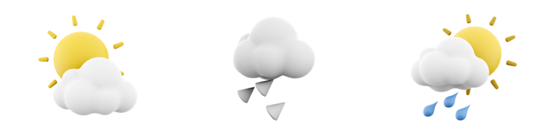 3d tolkning Sol med moln, hagel, Sol med moln och regn ikon uppsättning. 3d framställa väder begrepp ikon uppsättning. png