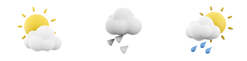 3d Rendern Sonne mit Wolke, Hagel, Sonne mit Wolke und Regen Symbol Satz. 3d machen Wetter Konzept Symbol Satz. png