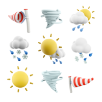 3d Rendern Windsack, Zyklon, Sonne mit raind und Wolke, Schnee mit Regen, Sonne und Strahlen Symbol Satz. 3d machen Wetter Konzept Symbol Satz. png