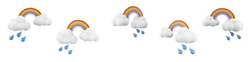 3d Rendern Regenbogen Bogen von Farben im das Himmel Symbol Satz. 3d machen Regen und Wolken mit Regenbogen anders Positionen Symbol Satz. png