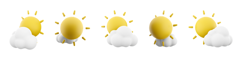 3d weergave zon met wolk icoon set. 3d geven een wolk covers de zon verschillend standen icoon set. png