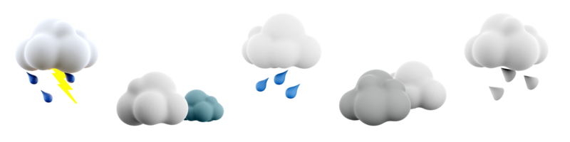 3d Renderização chuva com trovão, chuva, saudar e nuvem, Sombrio nuvens ícone definir. 3d render clima conceito ícone definir. png