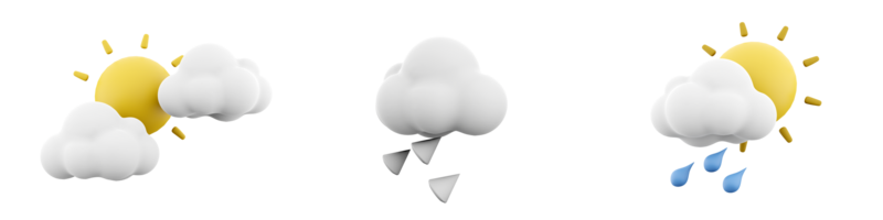 3d tolkning molnig väder, hagel, Sol med regn och moln ikon uppsättning. 3d framställa väder begrepp ikon uppsättning. png