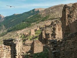 Authentic ruins of an ancient settlement. Summer view of ruins and towers of the aul ghost Goor in Dagestan in the evening light. Russia. photo