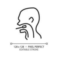 Throat exam pixel perfect linear icon. Medical checkup of patient. Taking sample for tests with probe. Thin line illustration. Contour symbol. Vector outline drawing. Editable stroke