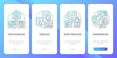 Types of social media ads blue gradient onboarding mobile app screen. Promo walkthrough 4 steps graphic instructions with linear concepts. UI, UX, GUI template vector