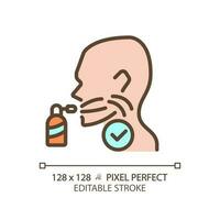 Throat spray pixel perfect RGB color icon. Remedy for inflammatory treatment. Breathe refreshing material. Thin line illustration. Contour symbol. Vector outline drawing. Editable stroke