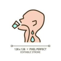 Drinking water pixel perfect RGB color icon. Liquid flowing down throat. Human body hydration. Healthcare routine. Thin line illustration. Contour symbol. Vector outline drawing. Editable stroke