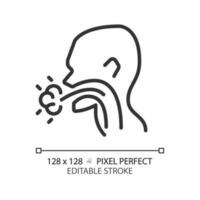 Cough pixel perfect linear icon. Infectious disease of throat. Patient with flu symptom. Viral illness. Thin line illustration. Contour symbol. Vector outline drawing. Editable stroke