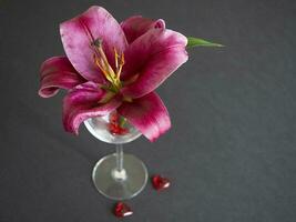 de cerca de rojo lirio flor en un vaso florero en un negro antecedentes foto