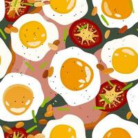 Vector seamless pattern with fried eggs, tomatoes, slices of ham and beans.