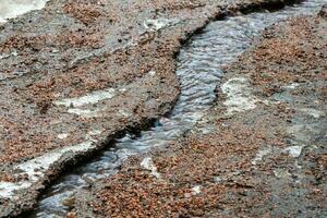 Erosion from flood waters. Spring stream. Ground washed away by a stream photo