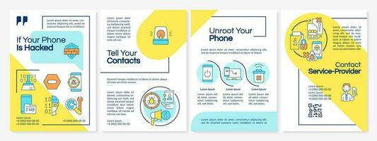 Fix hacked smartphone blue and yellow brochure template. Leaflet design with linear icons. Editable 4 vector layouts for presentation, annual reports