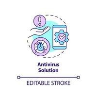 antivirus solución concepto icono. teléfono inteligente seguridad. eliminar virus y programas maliciosos resumen idea Delgado línea ilustración. aislado contorno dibujo. editable carrera vector