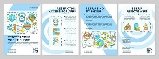 Protect mobile phone blue brochure template. Cybersecurity. Leaflet design with linear icons. Editable 4 vector layouts for presentation, annual reports