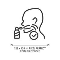 Throat spray pixel perfect linear icon. Remedy for inflammatory treatment. Breathe refreshing material. Thin line illustration. Contour symbol. Vector outline drawing. Editable stroke