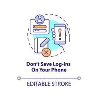 Do not save logins on your phone concept icon. Password security. Leak personal data abstract idea thin line illustration. Isolated outline drawing. Editable stroke vector